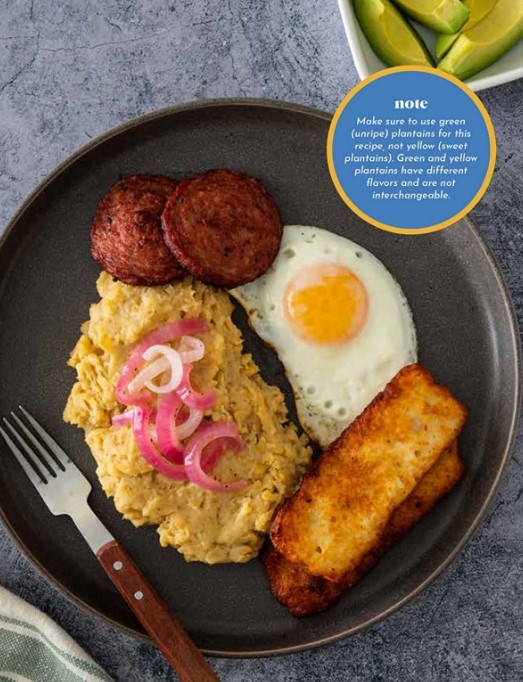 Mashed plantains  with eggs, salami, and fried cheese (Mangú con los tres golpes)