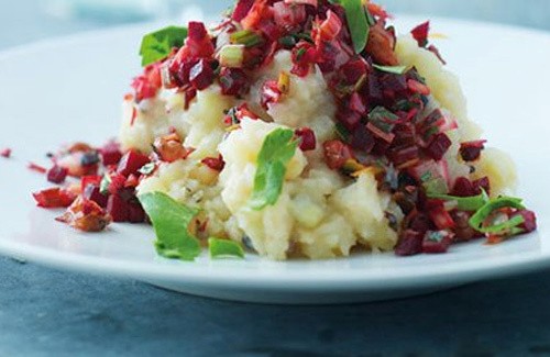 Mashed potato and vegetable mix with vegetable sauce