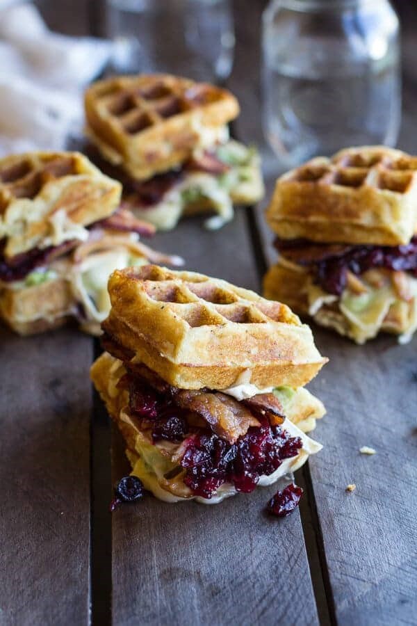 Mashed potato waffle, crispy turkey, smashed avocado, cranberry and Brie melts
