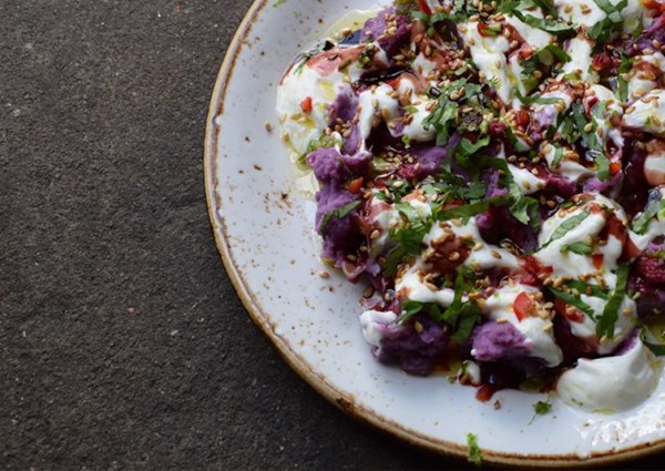 Mashed purple sweet potatoes with lime and yoghurt