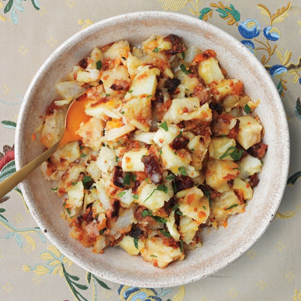 Mashed root vegetables with bacon vinaigrette