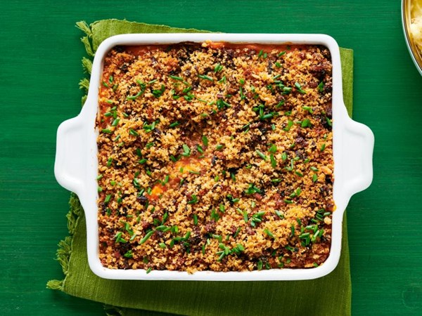 Mashed sweet potato casserole with bacon breadcrumbs 