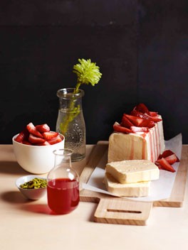 Mastic parfait with pistachio, strawberry and rose