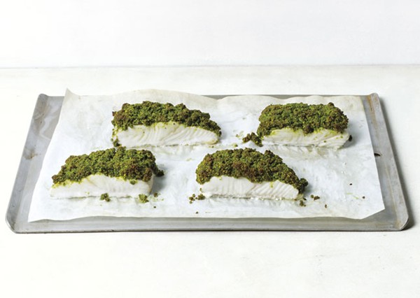 Matcha & pistachio-crusted halibut