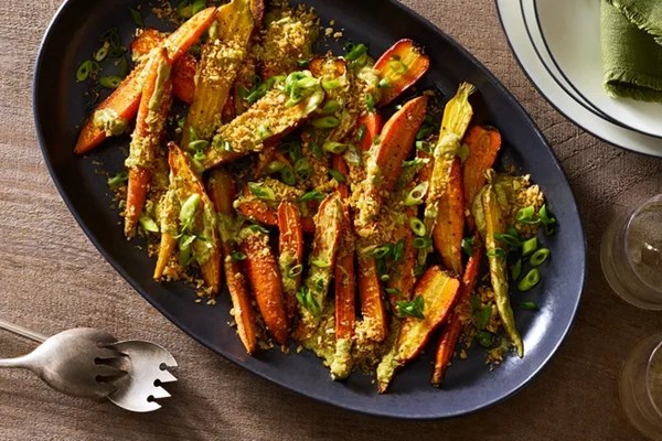 Matcha & tahini carrots with garlicky breadcrumbs