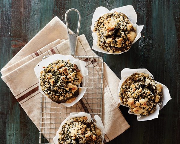 Matcha-almond muffins with black sesame streusel