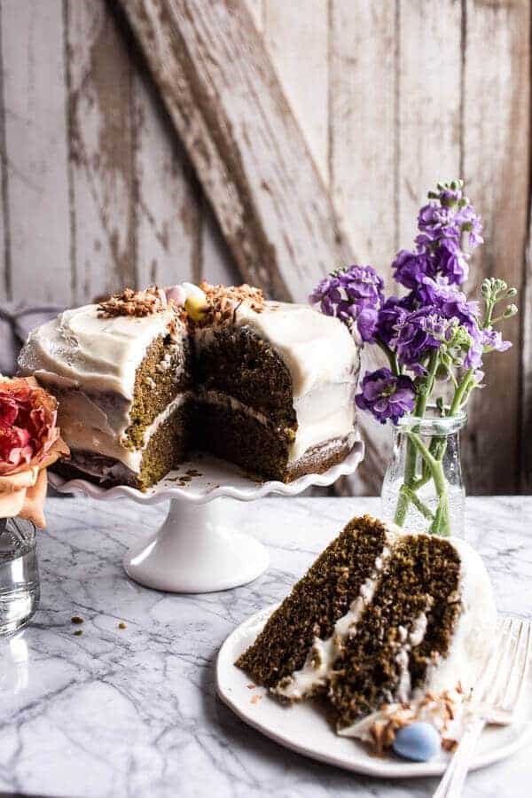 Matcha green tea cake with vanilla honey cream cheese frosting
