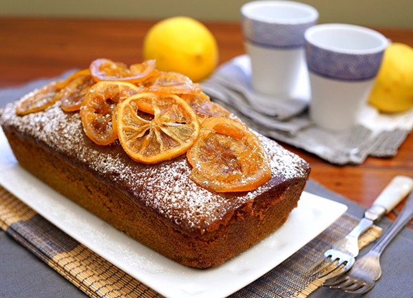 Matcha lemon drizzle cake with candied lemons