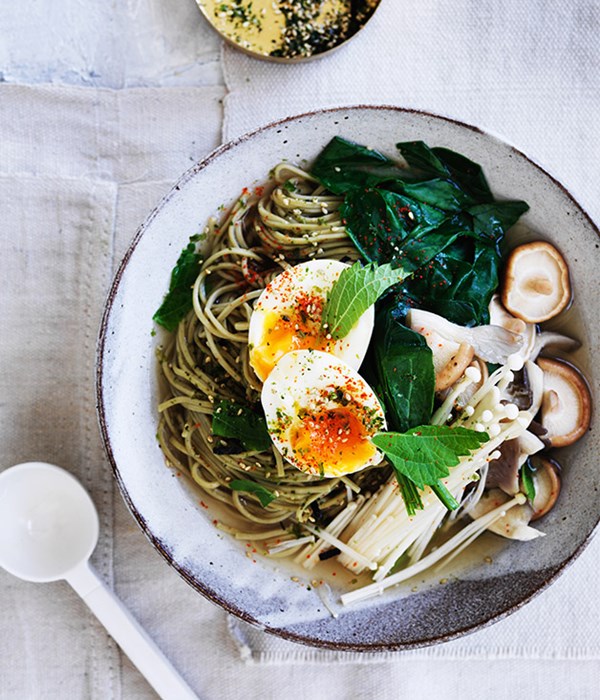 Matcha noodles with miso broth and soft egg