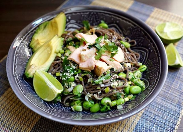 Matcha-poached salmon noodle bowls with edamame, sesame and avocado