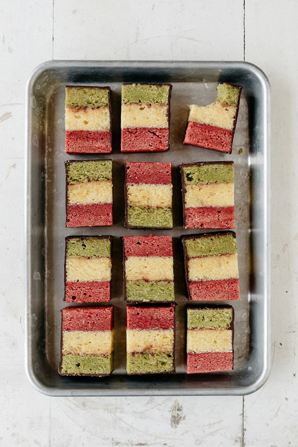 Matcha, red bean, and almond rainbow cookies