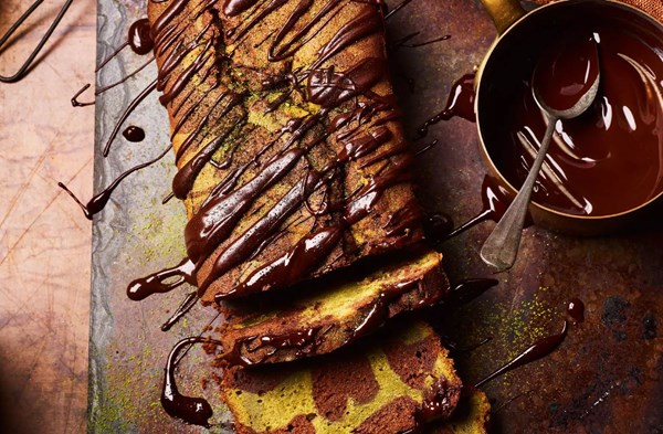 Matcha ricotta marble loaf with dark chocolate glaze