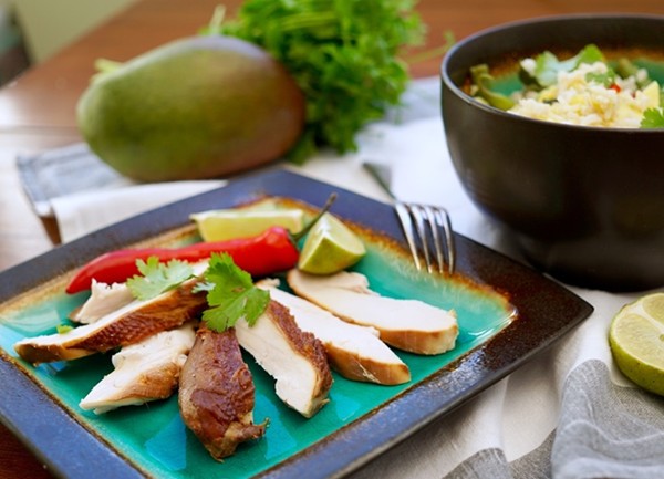 Matcha-smoked chicken with mango rice salad