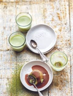 Matcha tea panna cotta with milk chocolate sauce