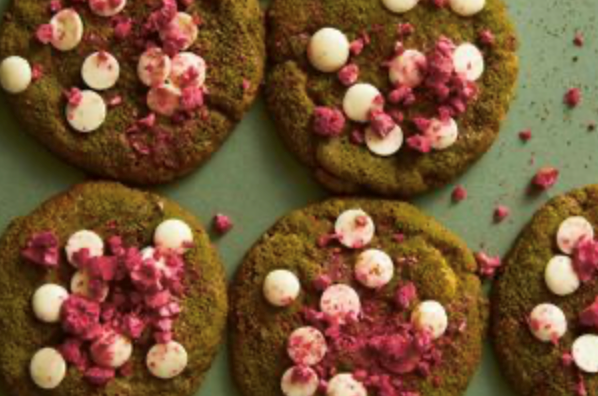 Matcha, white chocolate and raspberry cookies