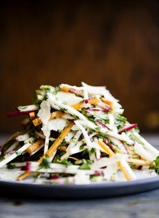 Matchstick salad: turnip, carrots, kohlrabi, with lemon, Parmesan, and parsley