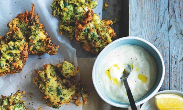 Matt Moran's zucchini and feta fritters with yoghurt dipping sauce