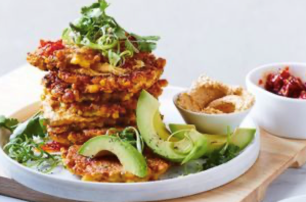 Matt Preston's corn fritters with chilli bacon caramel and almond miso