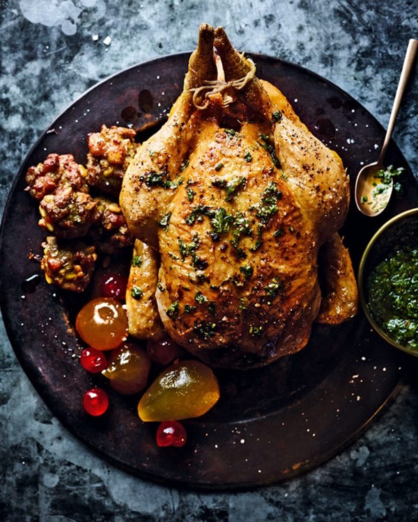 Matt Tebbutt’s roast stuffed chicken with mustard fruits and green sauce