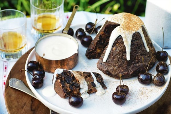 Matt's Christmas pud with brandy custard and cherries