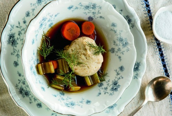 Matzo ball soup with black garlic