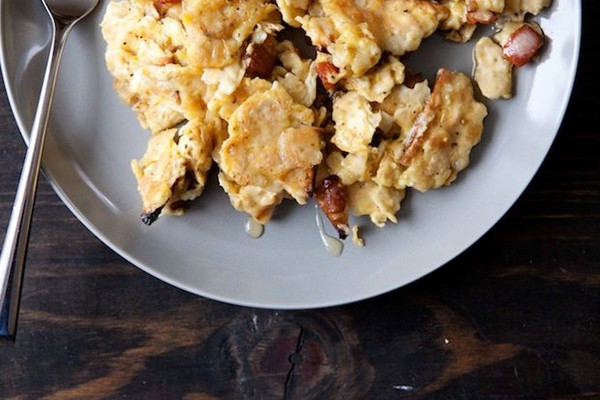 Matzo brei with bacon and maple syrup