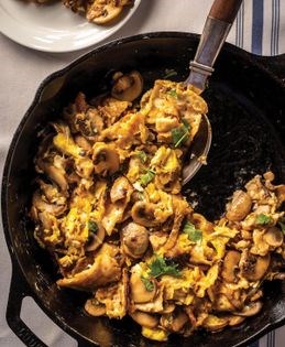 Matzo brei with caramelized onions and mushrooms