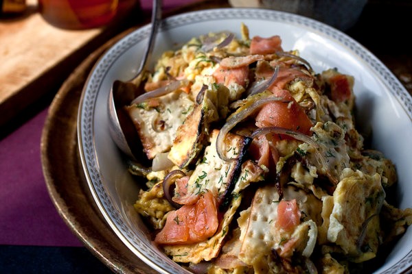 Matzo, lox, eggs and onions