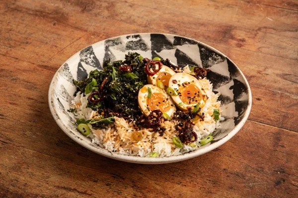 Mayak eggs with crispy five-spice kale