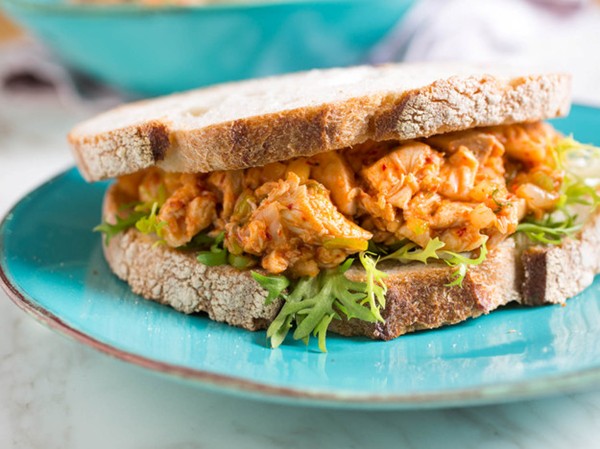 Mayo-free chicken salad with kimchi, ginger, and scallions