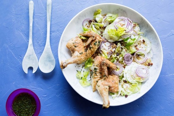 Mayo-roasted chicken with Waldorf salad and tarragon