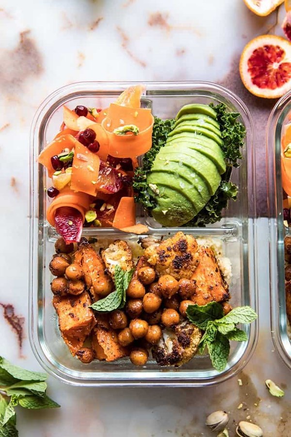 Meal prep Moroccan chickpea, sweet potato, and cauliflower bowls