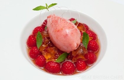 Meantime raspberry wheat beer sorbet with marinated raspberries and raspberry beer jelly