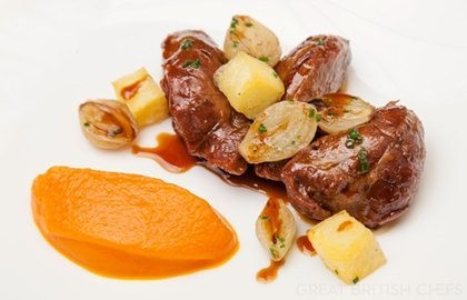 Meantime Yakima red beer-braised saddleback pork cheeks, creamed carrots and crispy potatoes