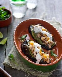 Meat-stuffed poblanos with cilantro-lime sauce