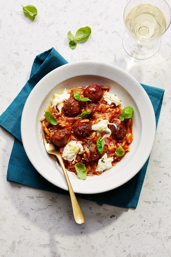 Meatball & mozzarella orzo bake