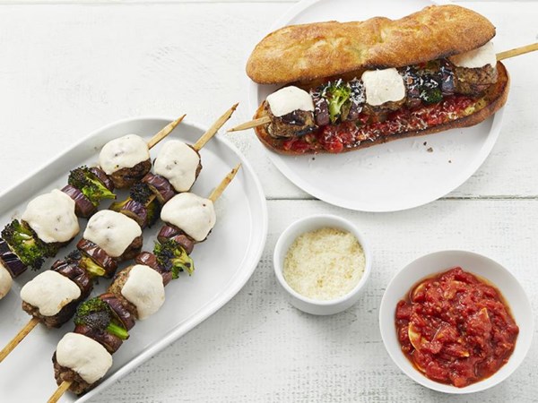 Meatball and eggplant Parm kebabs
