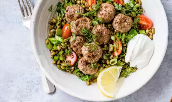 Meatball and herb grain bowl