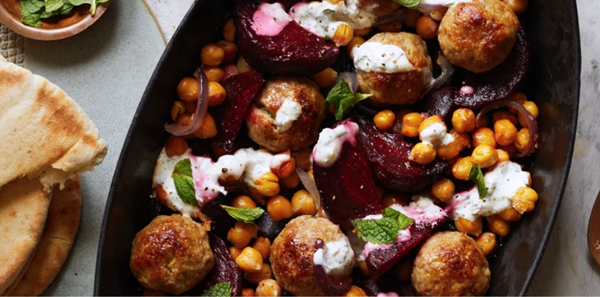 Meatball, beetroot and chickpea traybake