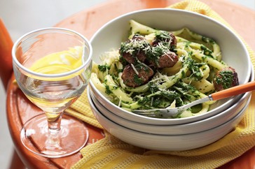 Meatball pasta with salsa verde