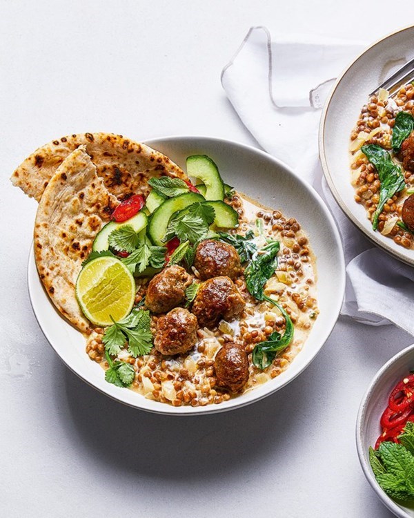 Meatballs and curried lentils
