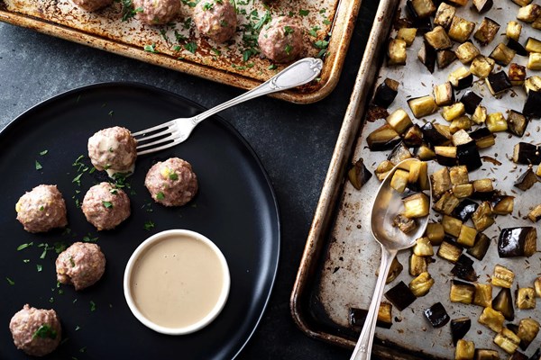 Meatballs and red chiles sheet-pan dinner