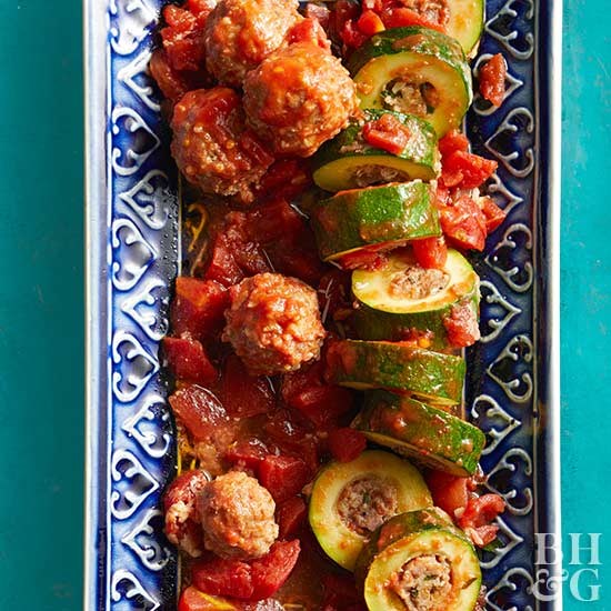 Meatballs and stuffed zucchini