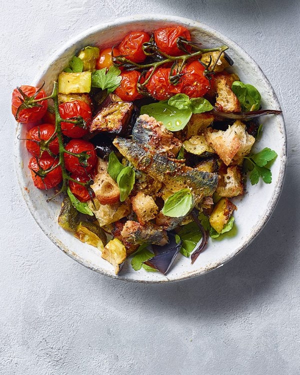 Med veg, sardines and sourdough croutons