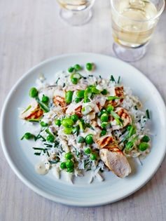 Medallions of chicken, peas & broad beans in tarragon cream