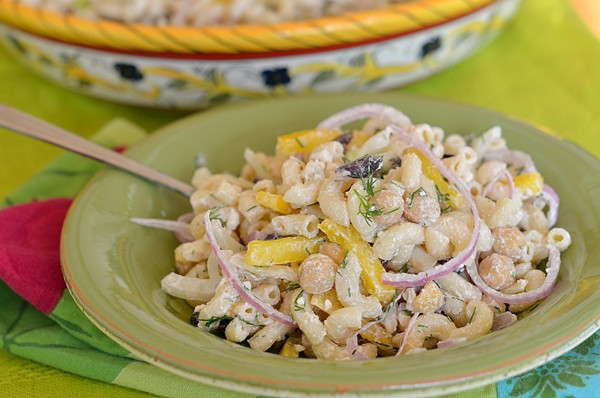 Mediteranean pasta, chickpea, and fennel salad with creamy feta-dill dressing