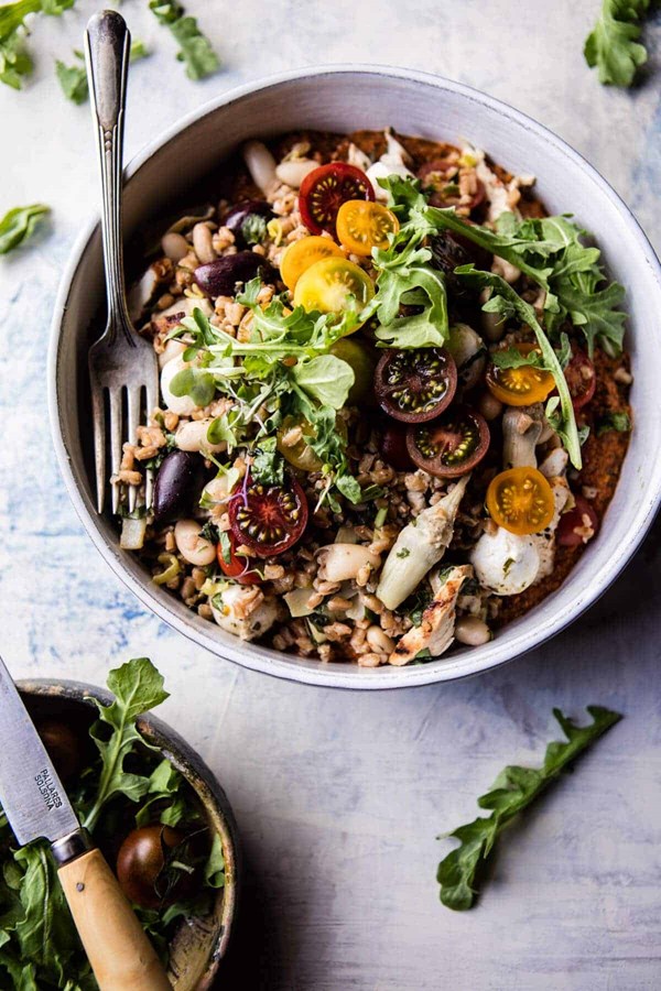 Mediterranean chicken and farro salad