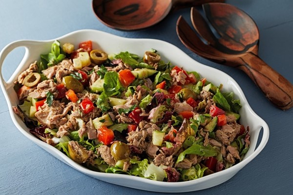 Mediterranean chopped salad bowl with tuna