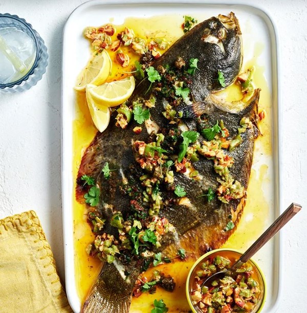 Mediterranean flounder with green olive salsa