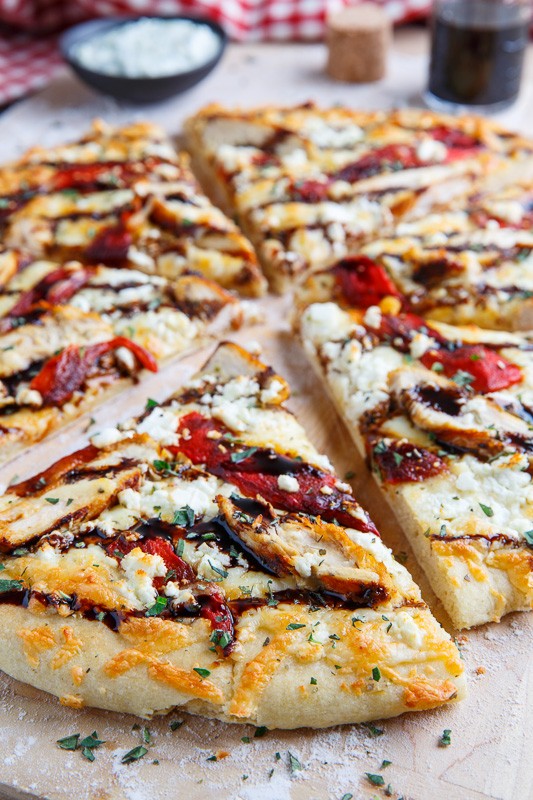 Mediterranean grilled chicken and roasted red pepper pizza with feta and balsamic glaze